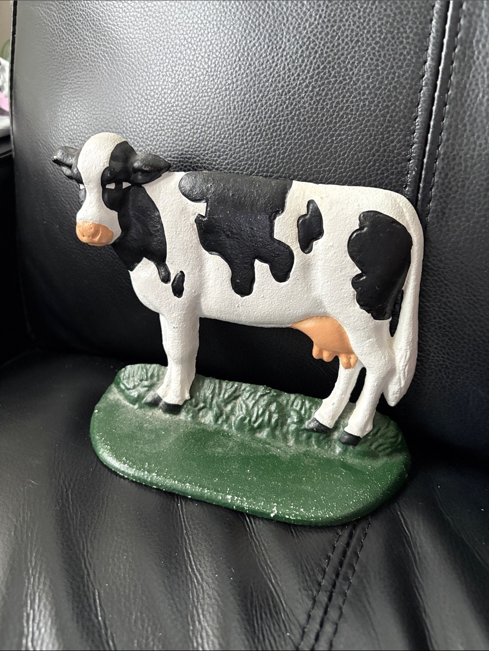 Vintage Hand-Cast Iron Painted Holstein Dairy Cow Doorstopper 1950s One Of Kind